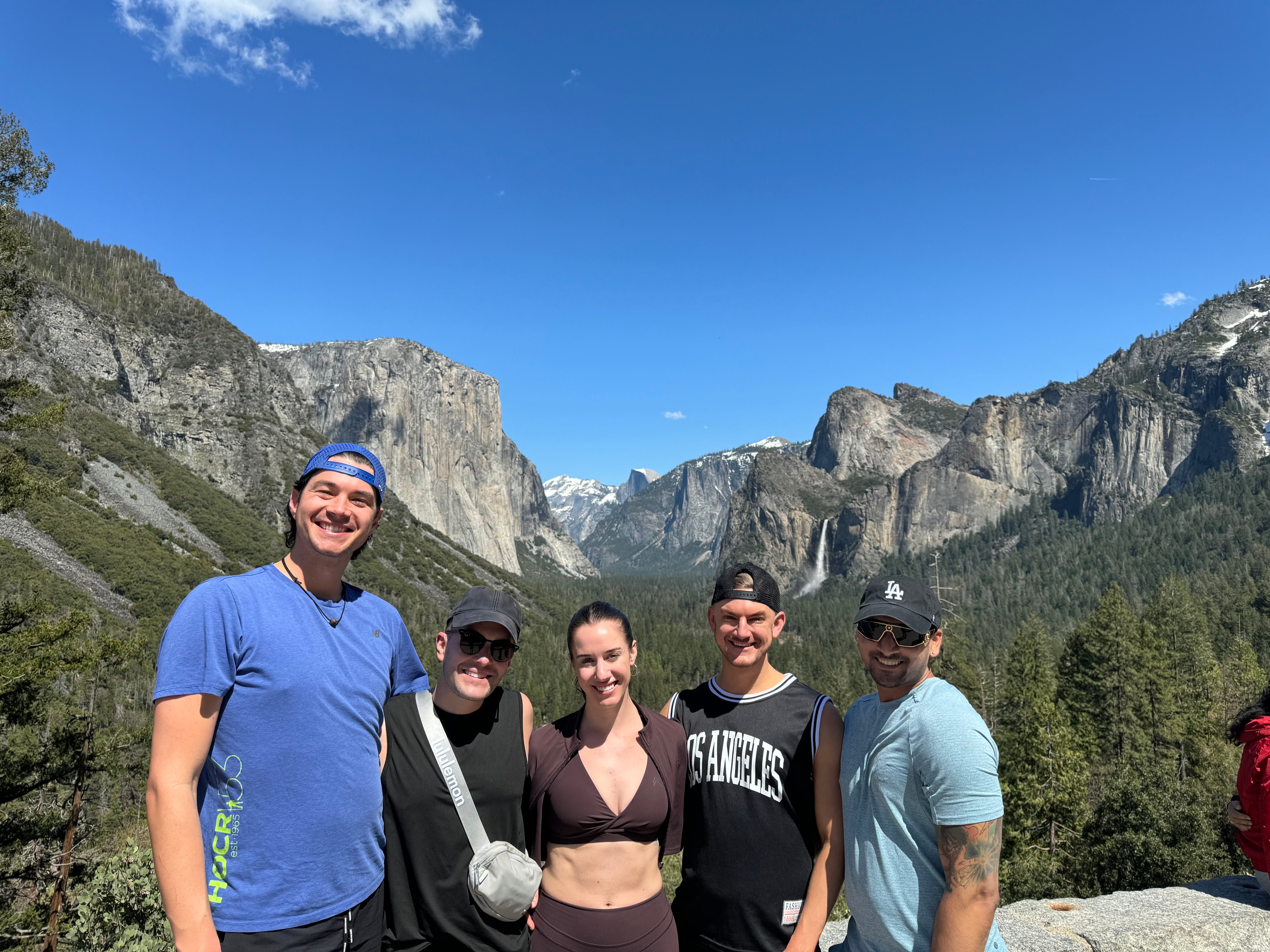 A photo of me and my four friends in front of a beautiful view of Yosemite